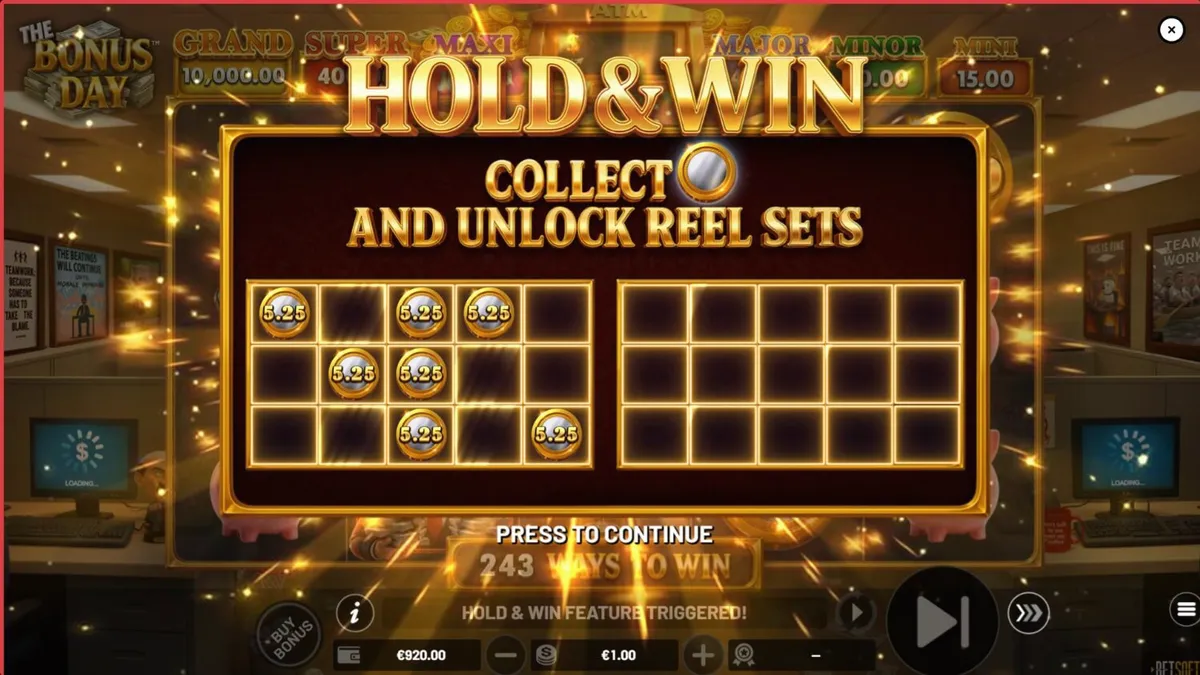 The Bonus Day slot machine interface with office theme